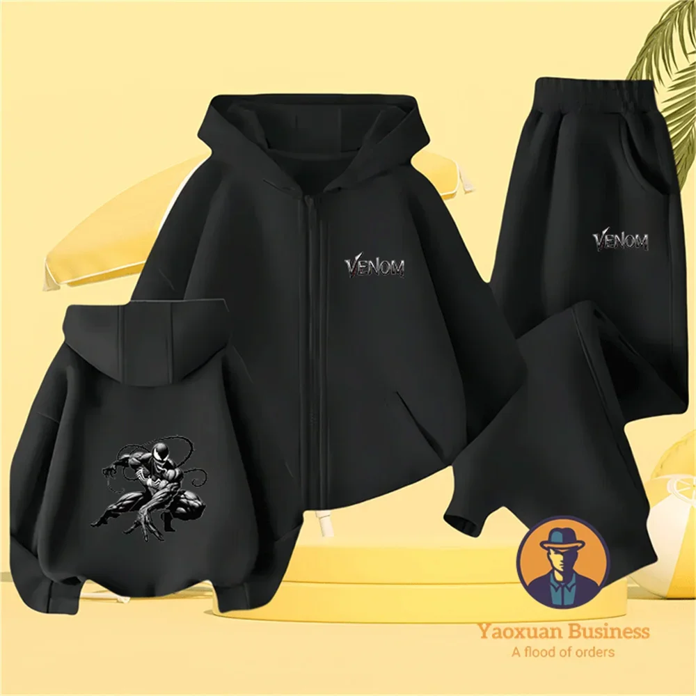

Детская одежда Venom, бархатный костюм с капюшоном для детей, черный свитер, брюки, костюм из двух предметов для мальчиков и девочек