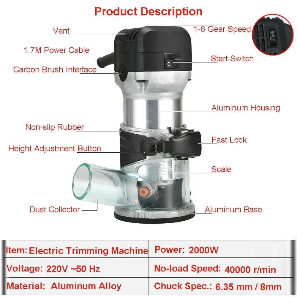 220v 2000w elektrischer Trimmer fräser 6,35mm & 8mm Fräsen Gravur Schlitz schneide maschine Hands chnitz fräser Holz bearbeitungs werkzeuge