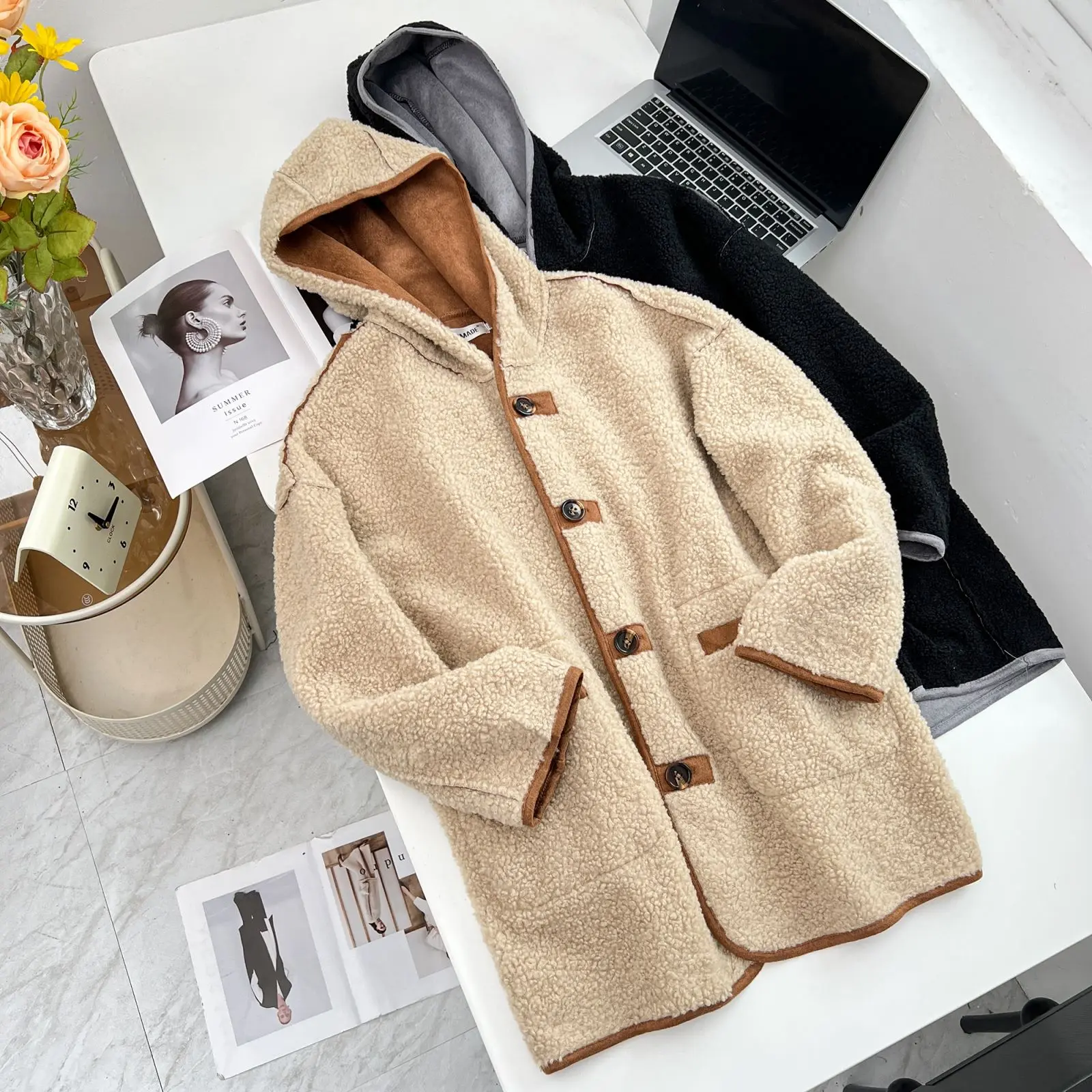 Womens Plus Size Winter Parkas Casual Clothing Mid-Length Hooded Suede Composite Fleece Jacket Curve Reversible Coats S6 5706