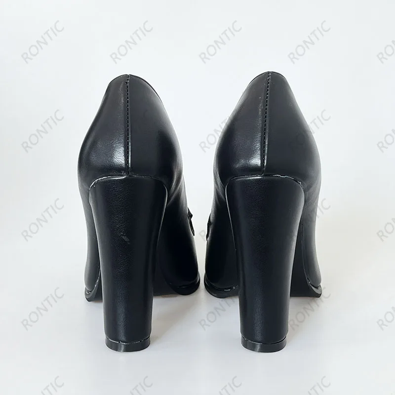 Rontic Handmade Women Spring Pumps Unisex Chunky High Heels Round Toe Pretty Black Party Shoes Ladies US Plus Size 5-20