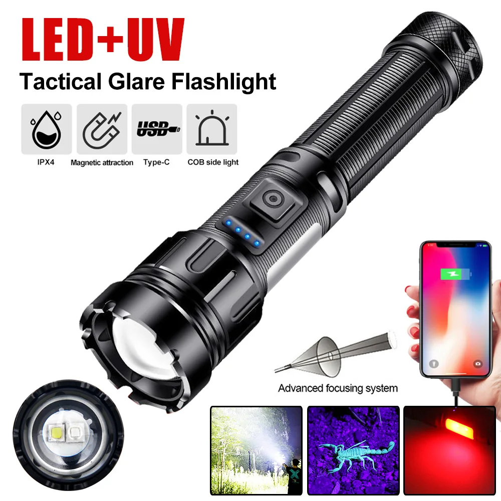 

1800LM +UV+COB LED Tactical Glare Flashlight 18650 Ultraviolet Torch Purple Light 20W Type-C Charging Zoom White Light