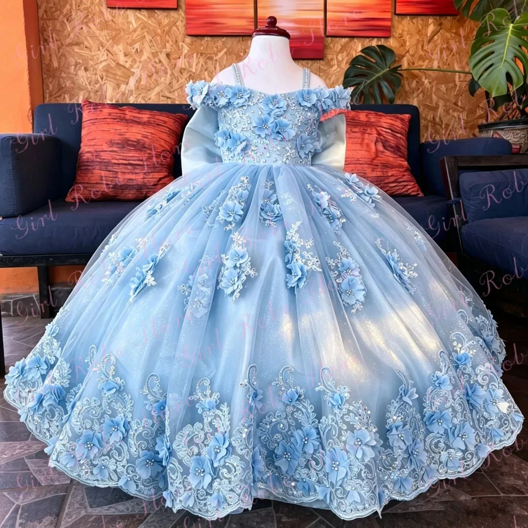 Customized Sky Blue Elegant Flower Girl Dress For Wedding Appliques Puffy Strap Floor Length With Bow Princess Birthday Gown