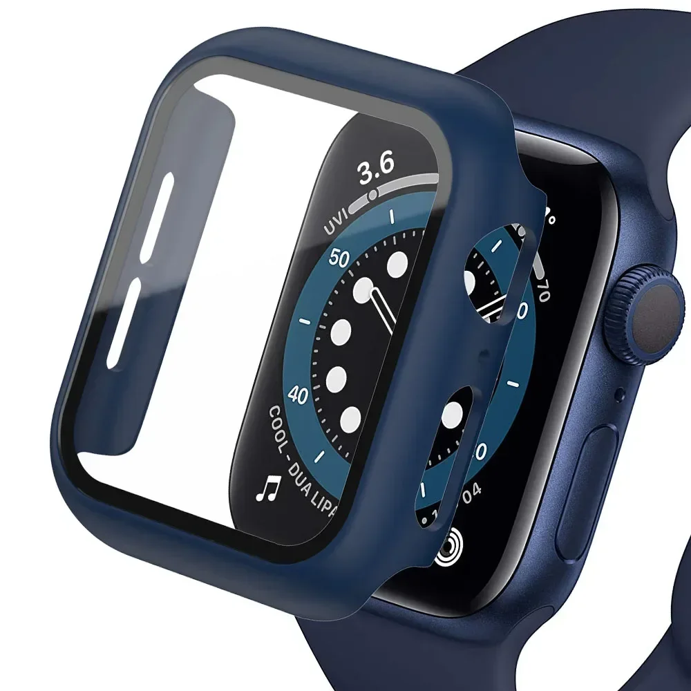 Vidro temperado e capa para Apple Watch, PC Bumper Case, protetor de tela para séries 7, 6, 5, 4, SE, 8, 41mm, 45mm, 42mm, 38mm, 44 milímetros, 40 milímetros