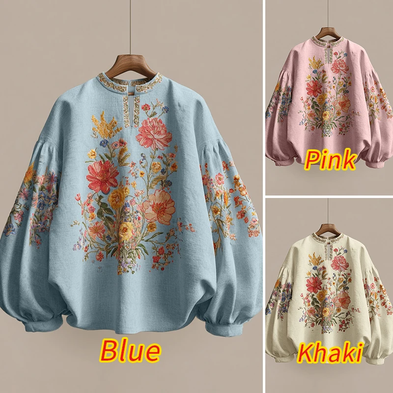 ZANZEA Damska Modna Bluzka Vintage z Nadrukiem Tunika Jesienna Długi Rękaw Latarnia Kwiatowy Wzór Koszule Dekolt V Casual Bluzki Damskie