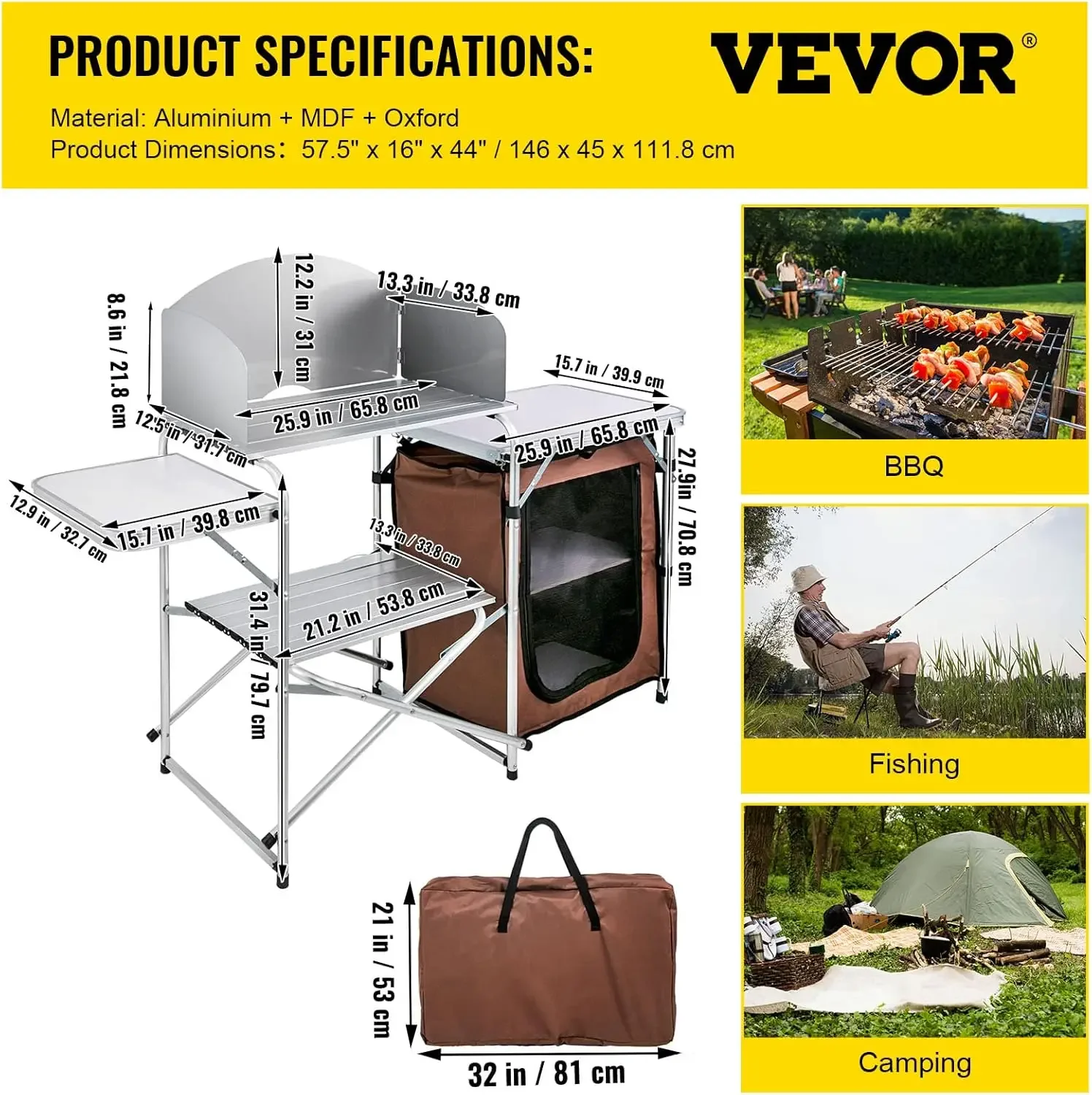Camping Kitchen Table, Aluminum Portable Folding Camp Cook Station with Windscreen, Cupboard, Storage Organizer, Carrying Bag