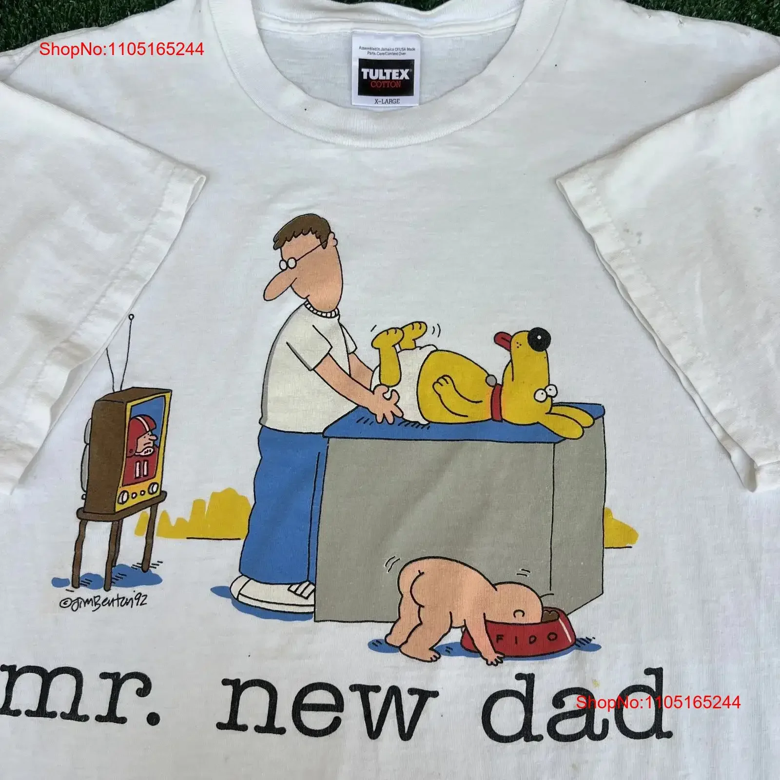 VTG Tultex Mr New Dad camiseta hombres XL blanco dibujos animados Jim Benton divertido manchado 90s vintage lavado ropa de diseñador streetwear