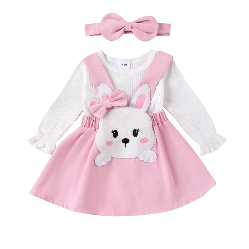 Baby Girl 3Pcs Outfits Set Short Sleeve Romper Suspender Skirt With Headband Infant Girl Outwear Easter Clothes