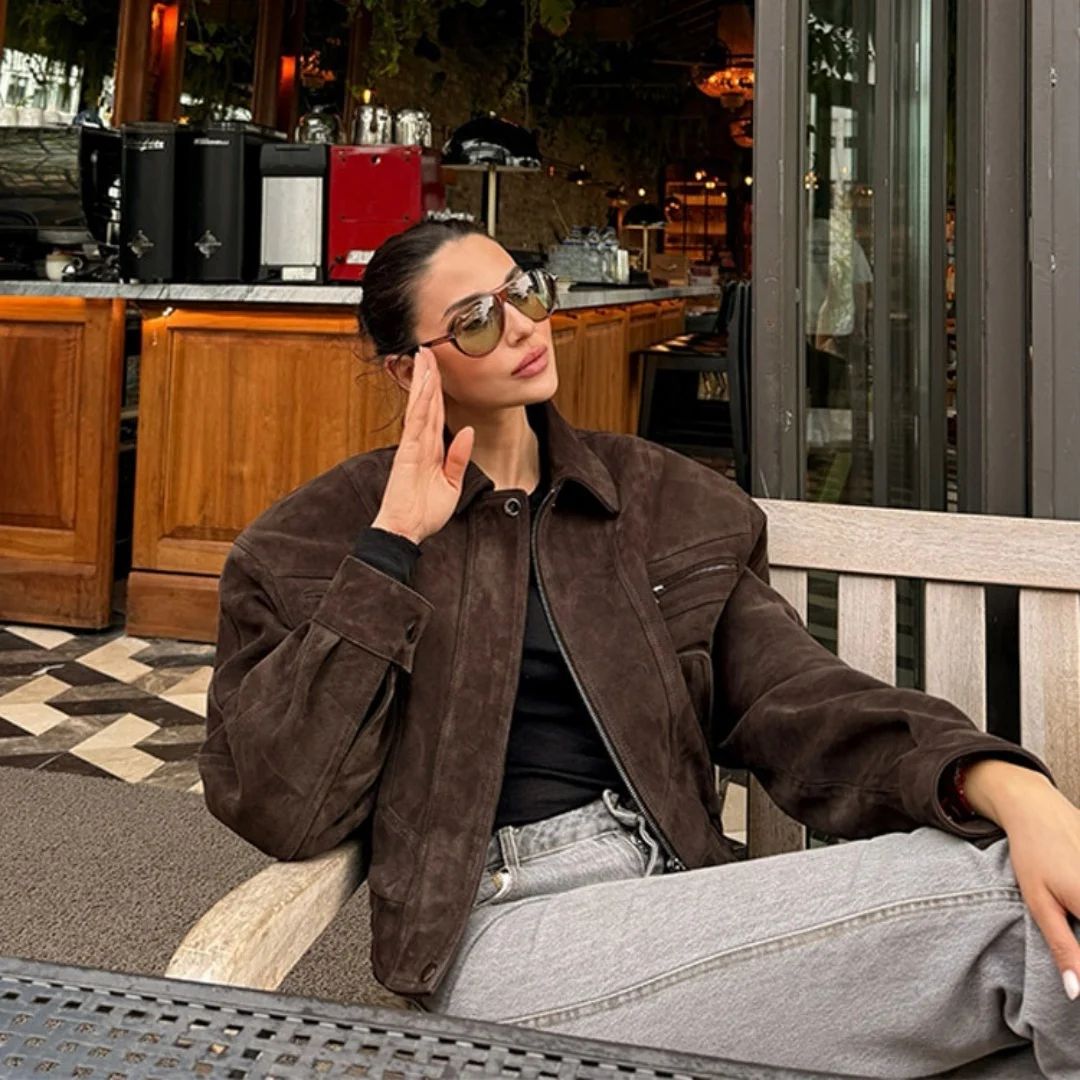 2025 Spring Trendy Women s Short Biker Jacket Retro Cool Loose Fit High End Fashion Outerwear Top