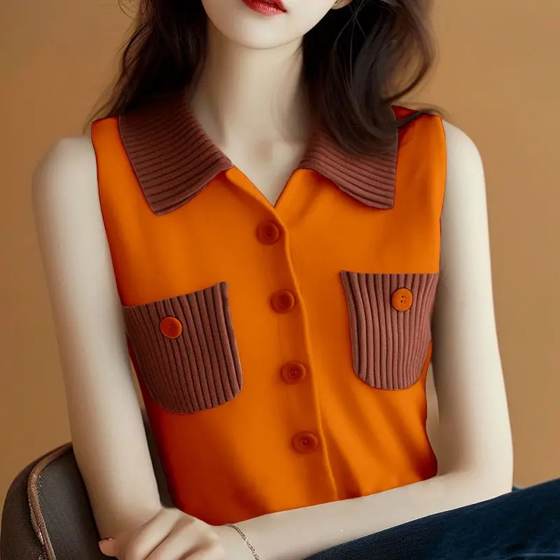 2025 Estate Nuovo stile coreano Gilet senza maniche Chic Ins Pendolari Splicing Canotta da donna lavorata a maglia allentata in colore a contrasto