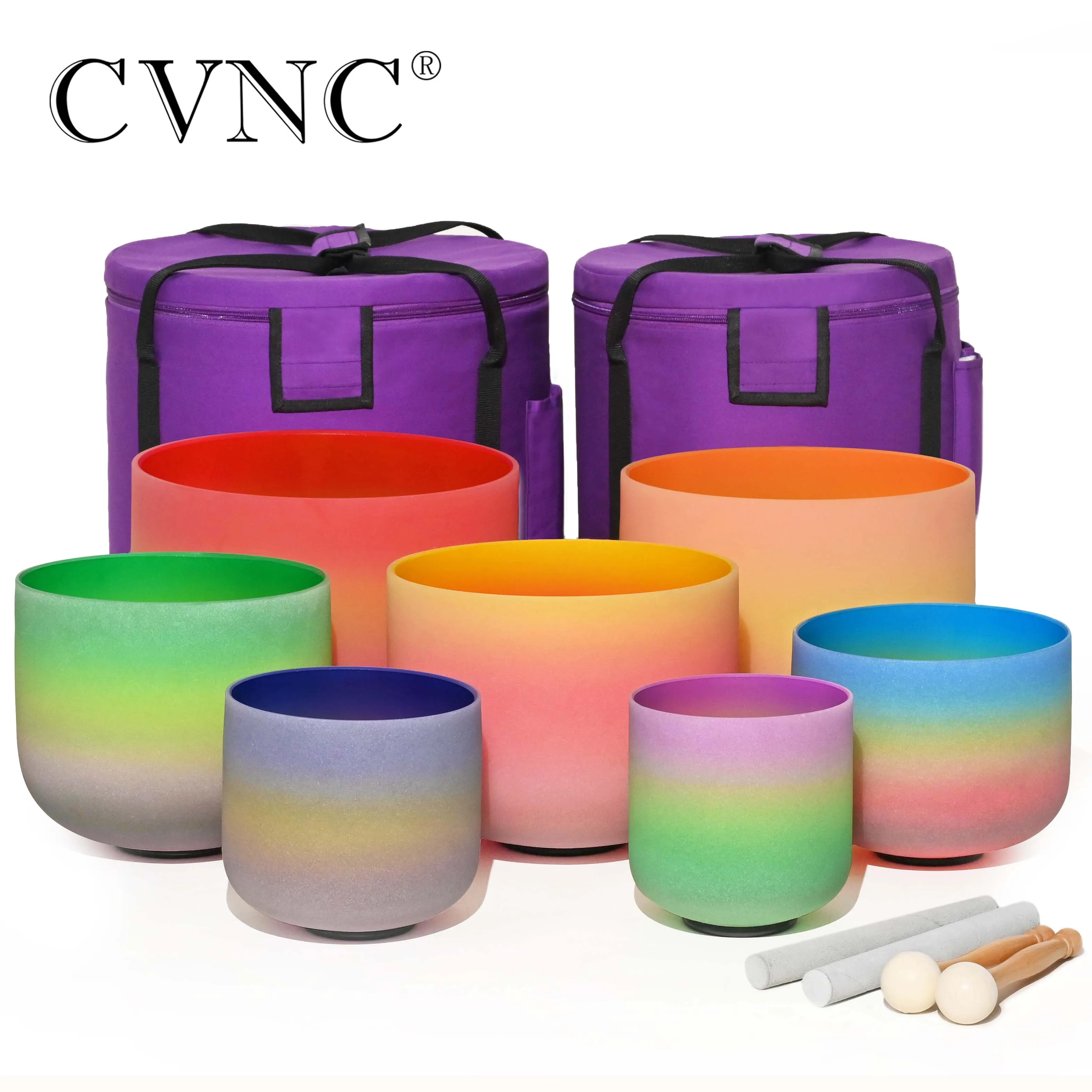 

CVNC 6-12"/ 7-12" Rainbow Frosted Chakra Quartz Crystal Singing Bowls 7pcs for Sound Healing and Meditation with Bags