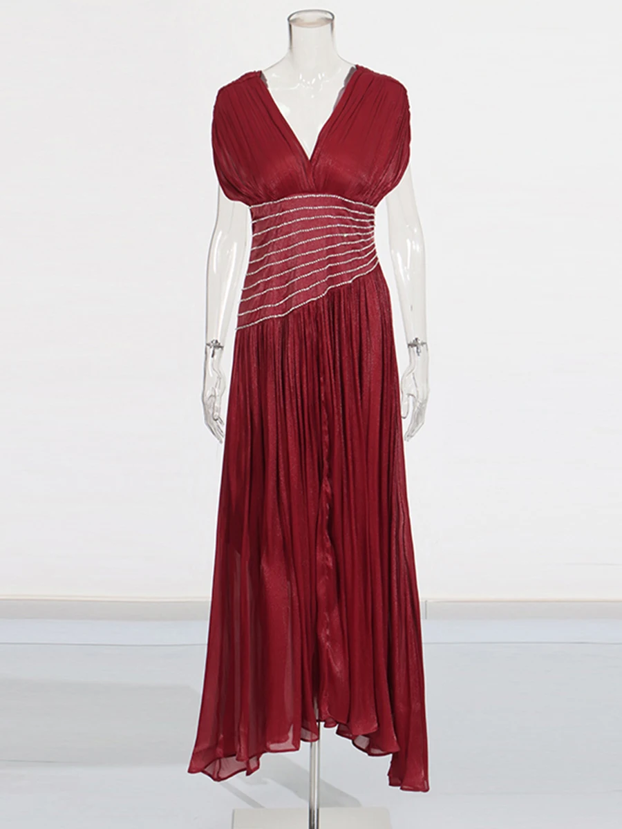 CHICEVER-vestido liso con pliegues empalmados para mujer, cuello en V, manga corta, adelgazante, estilo playero, ropa nueva de moda de otoño