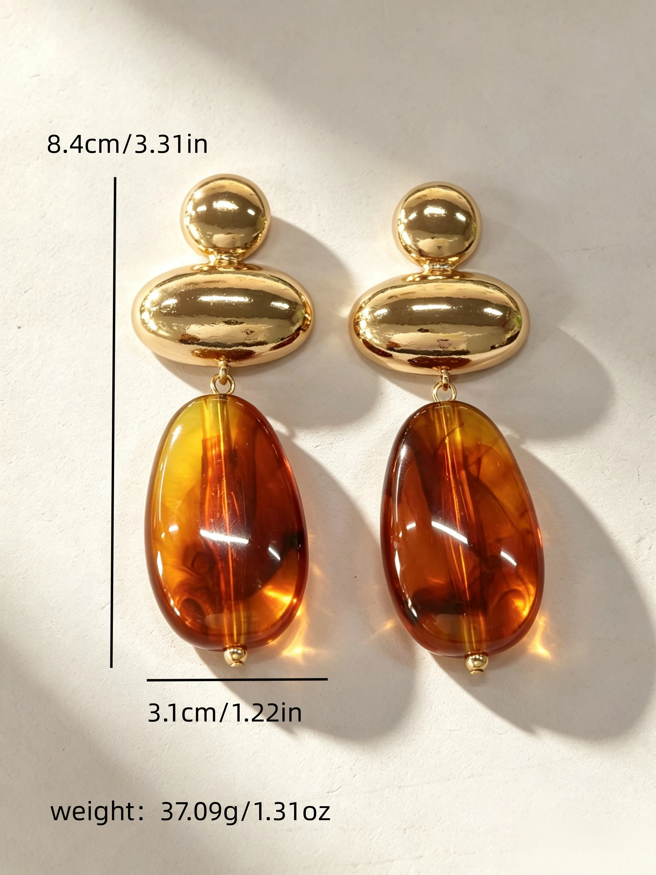 Geometric Oval Metal Amber Teardrop Pendant Earrings - Image 4