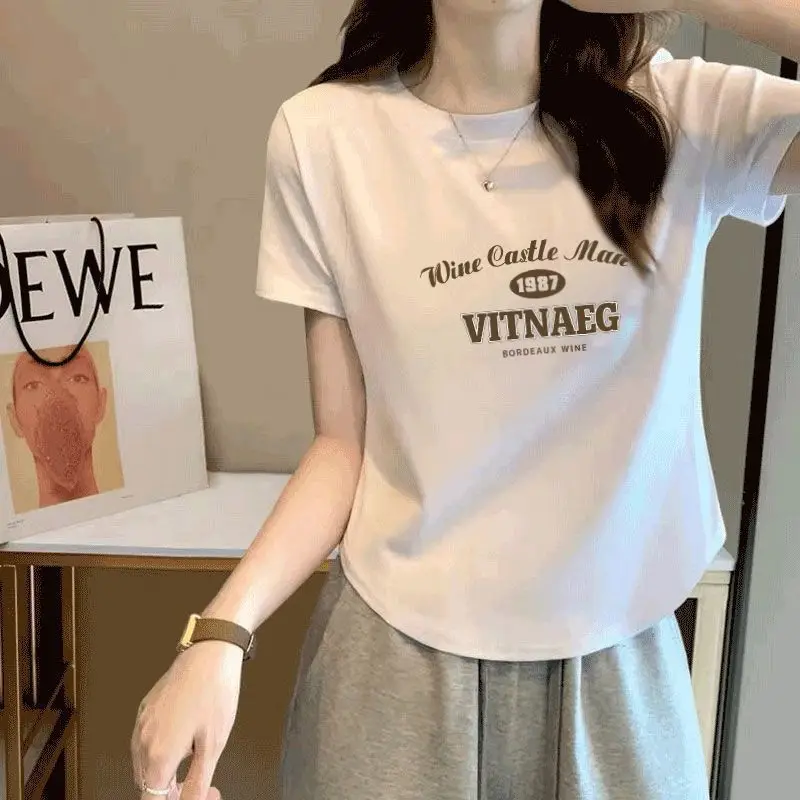 スレッドコットン半袖Tシャツレディースピュアディザイアウィンドスパイスガールショートサマースリムフィット多用途不規則なアークトップ