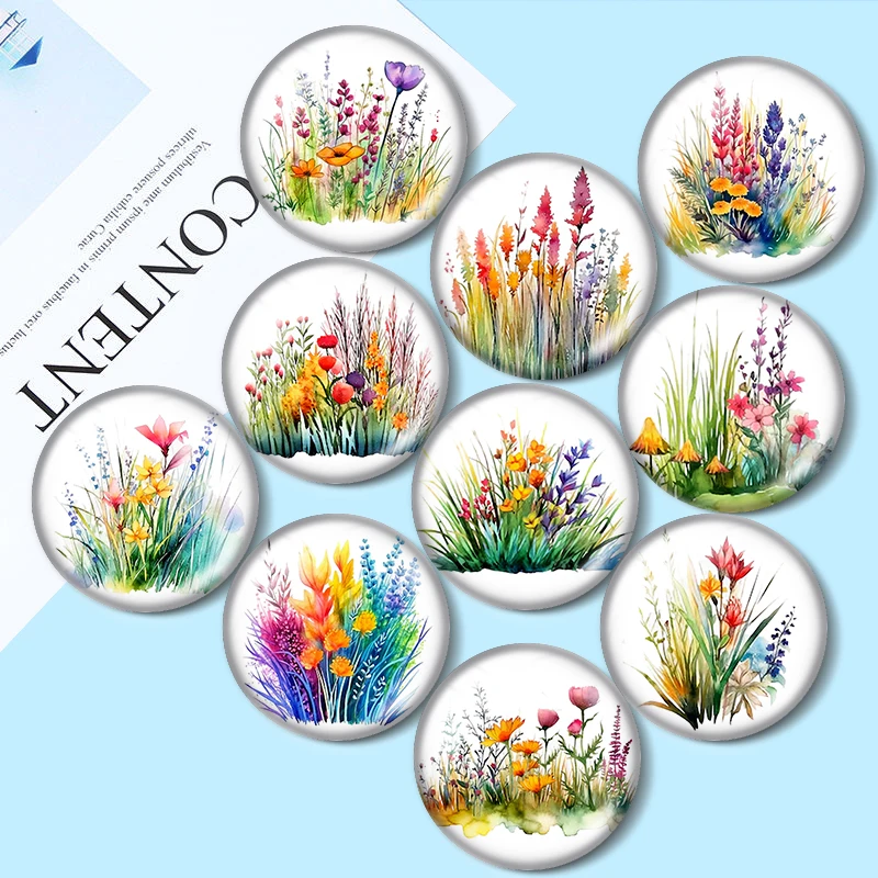 Watercolor Meadow Flowers 10pcscartoon 12mm/18mm/20mm/25mm Round photo glass cabochon flat back Making findings for bracelets