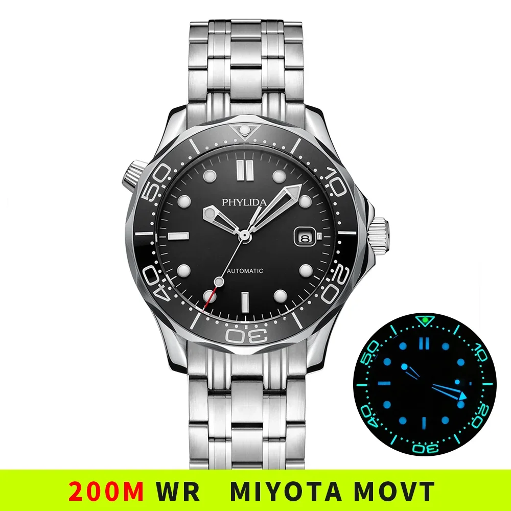 20BAR 200M Water Resistant Black JAPAN MIYOTA Mechanical Automatic Watch DIVER200M Style Sapphire Crystal Fully Lumed