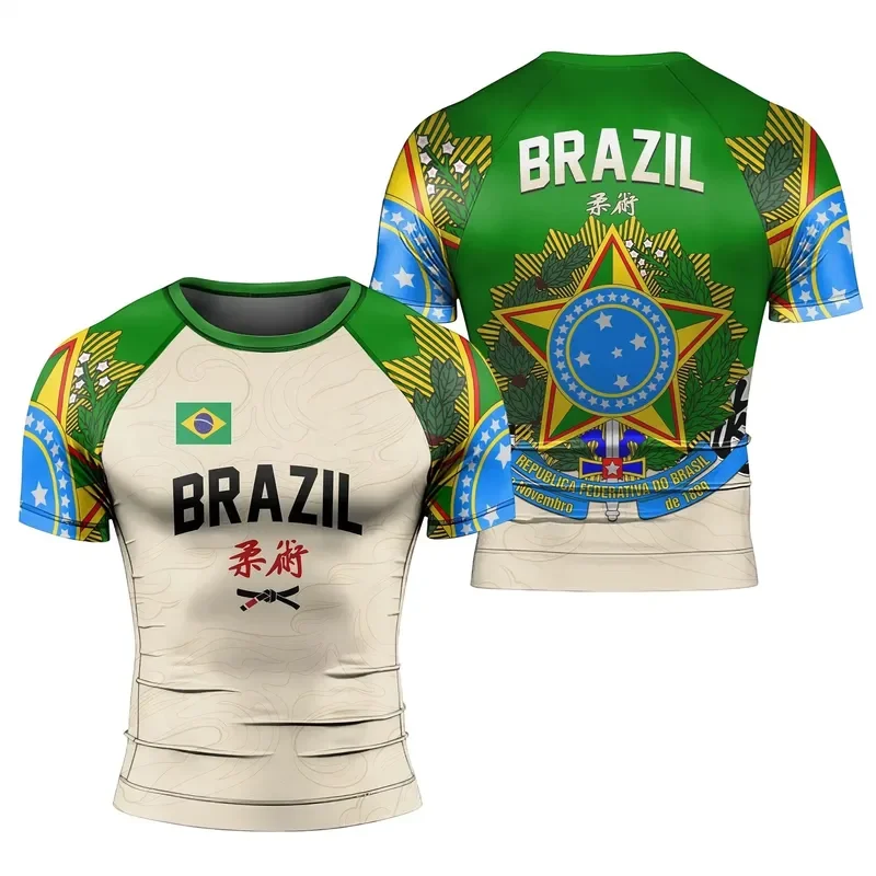 3D Printed Casual T Shirt 2026 Brazil Jiu Jitsu Rash Guard Men Women Short Sleeve Compression Training Shirt Flag Print Quick