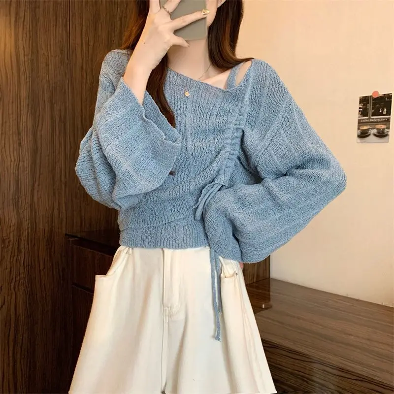Ice Silk Knitted Top Women's Dopamine Short Sunscreen Air Conditioning Blouse Autumn Suspender Outer Wear Drawstring Blouse