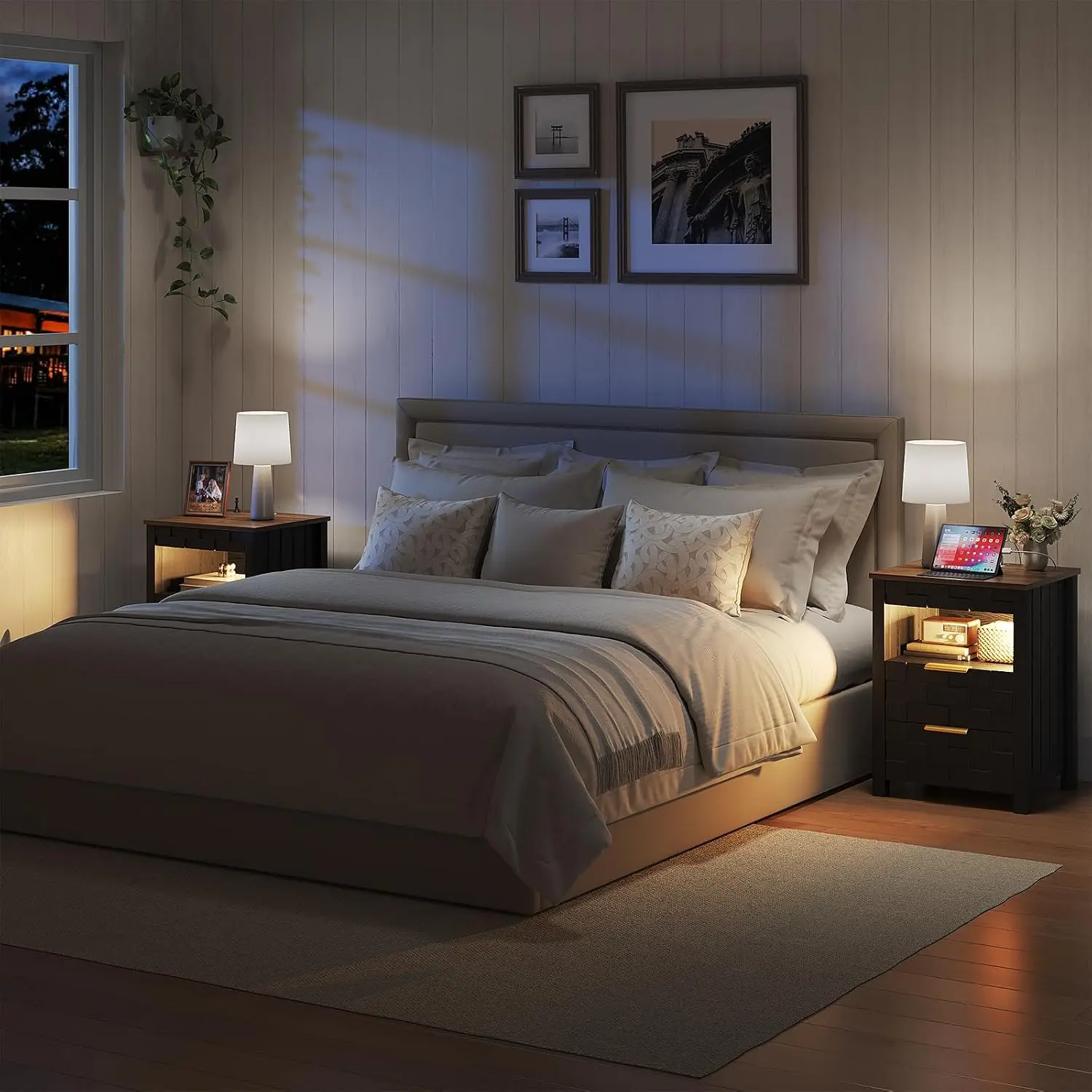 Nightstand Set Of 2 With Charging Station & 3 Drawers For Bedroom, Customized