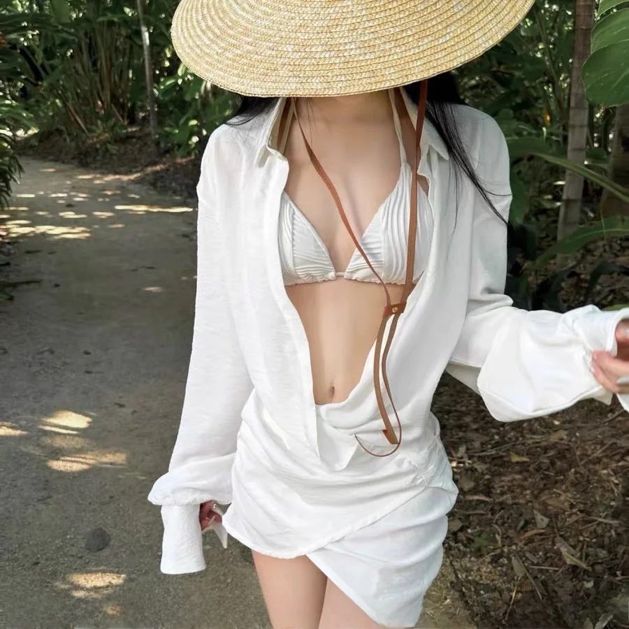 

Корейский комплект купальников с длинными рукавами для женщин: сексуальный белый бикини из трех предметов с защитой от солнца и эффектом «чистого желания»