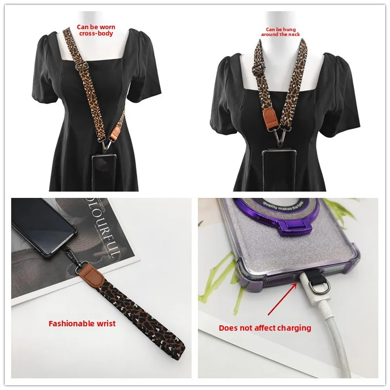 Women's Leopard Print Neck Mobile Phone Shoulder Strap Long Hook Key Lanyard Bag Accessories Mobile Phone Case Universal Lanyard