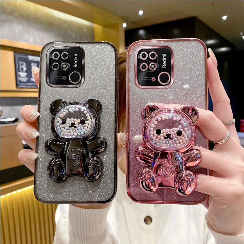 Glitter Bling Bear Silicone Phone Holder Case On For Xiaomi Redmi 10C 10A Redmi10C Redmi10A Girl Woman Stand Back Cover