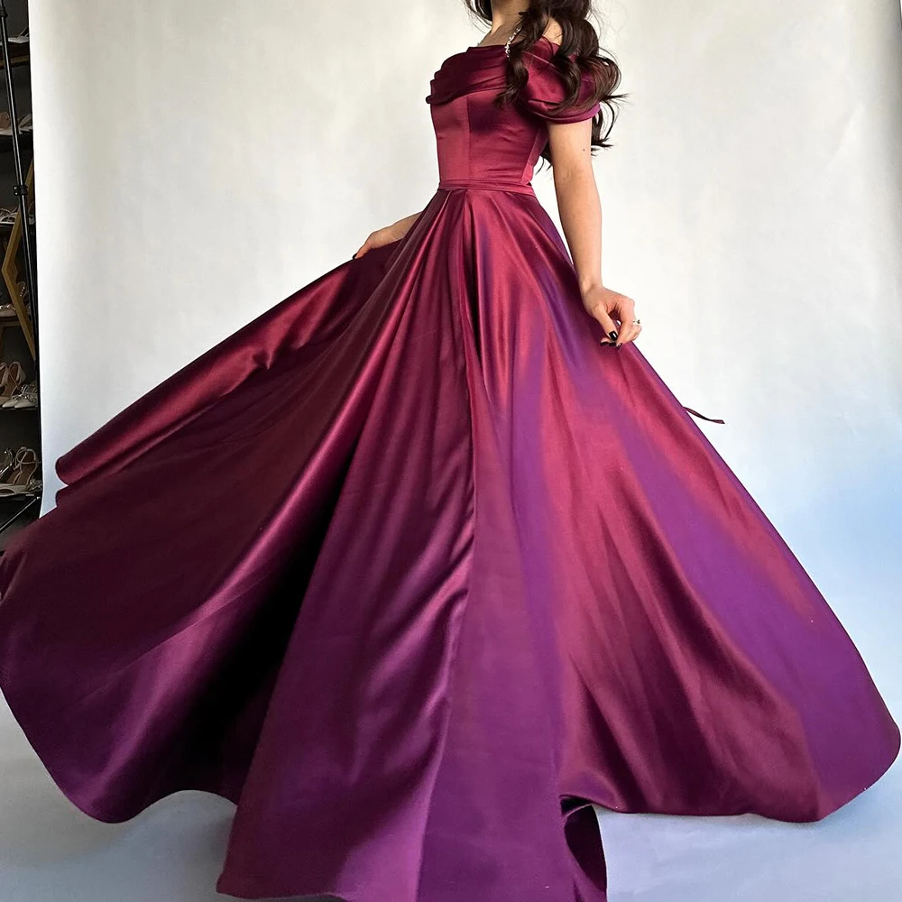 Customized Exquisite Pleats Crystal Spaghetti Straps Off the Shoulder Evening Dresses Graceful A-Line Satin Purple Party Gowns