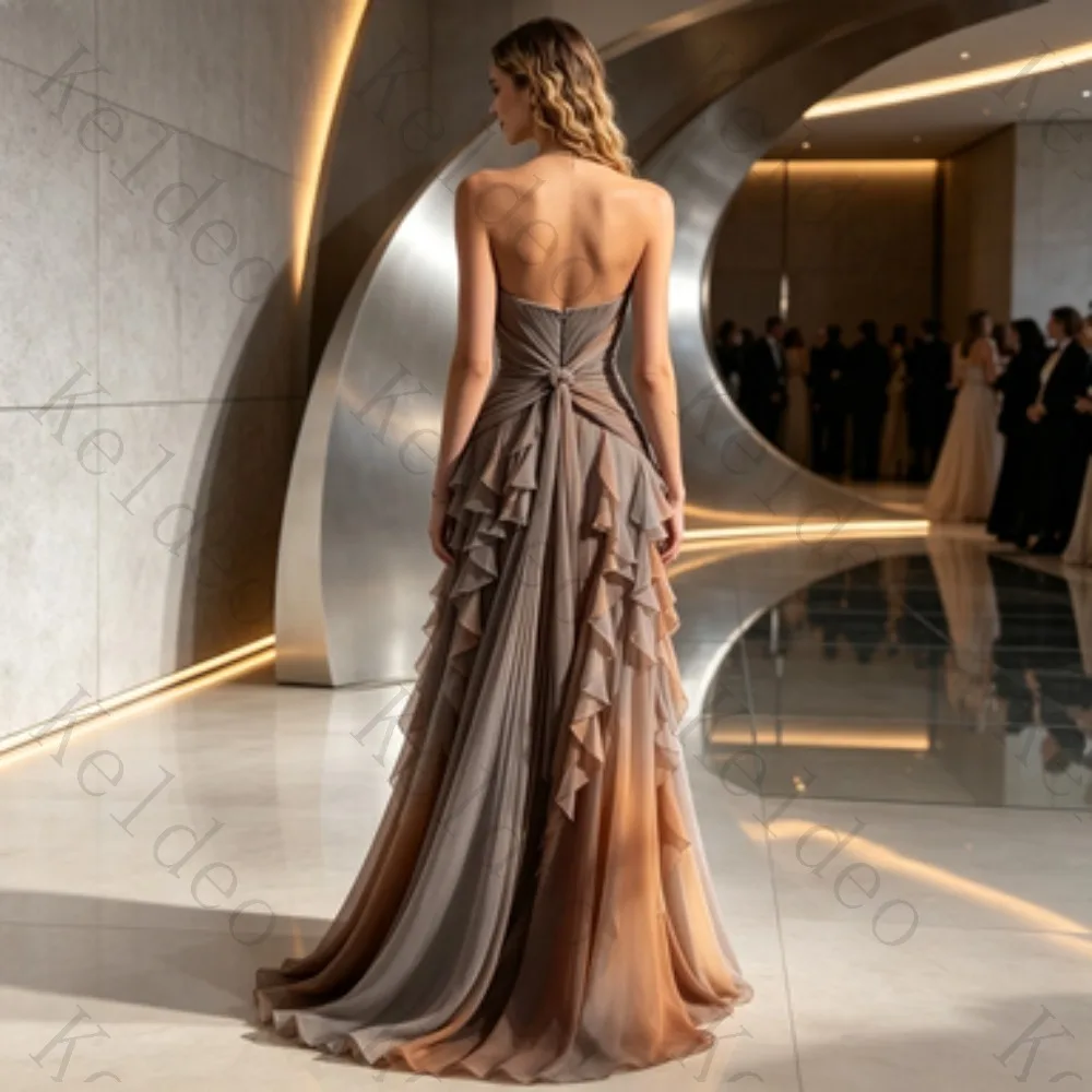 Customized Women Strapless Sweetheart Evening Dress Gradient Tulle Ruffled A Line Formal Gown Twist Waist Floor Length Elegant