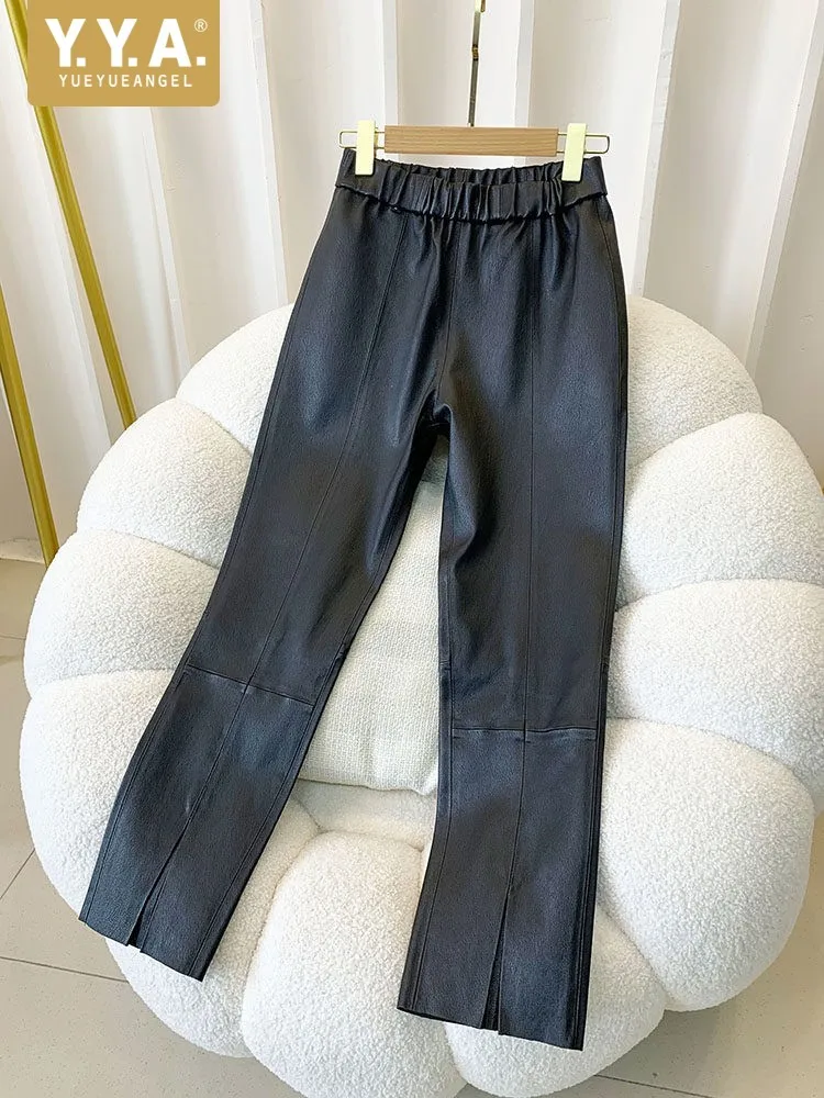 Hot Sale Women Black Genuine Leather Pants Elastic Waist Slim Fit Sheepskin Pant Autumn Winter Ankle Length Casual Trousers