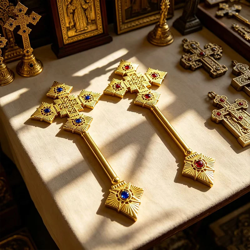 Orthodox Blessing Cross Gold Metal Handheld Crucifix with Gemstones Byzantine Priest Altar supplies Christian Religious Gift