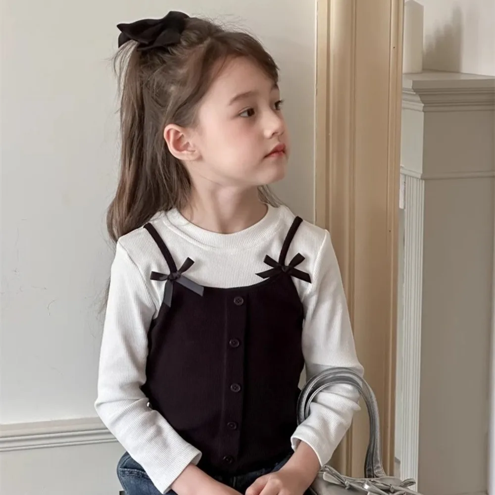 

Casual Korean Style False Two-piece Top Princess Bow Long Sleeve T-shirt Elegant Base Shirt Daily Outfit