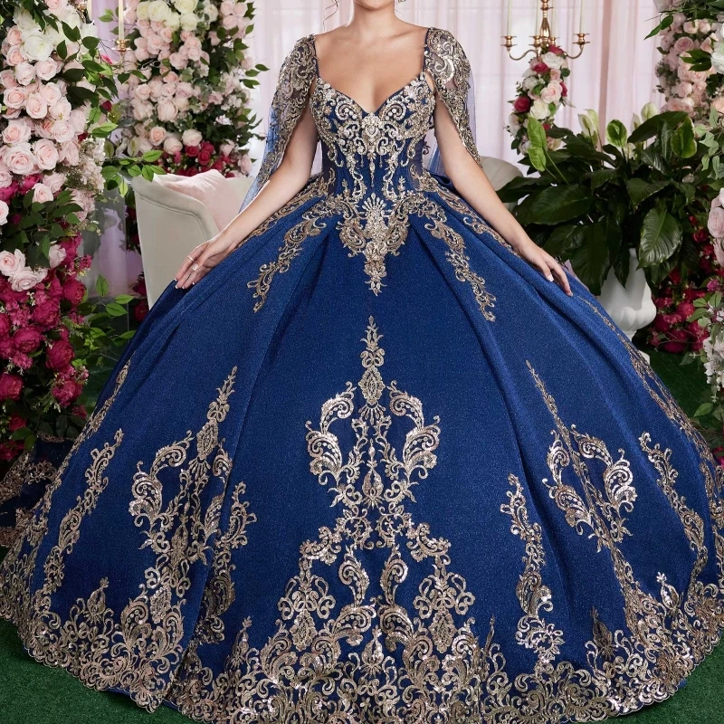 

Luxury Navy Blue Quinceanera Dresses Beading Applique Lace With Cape Vestidos De 15 Anos Birthday Party Ball Gown Sweet 16 Dress