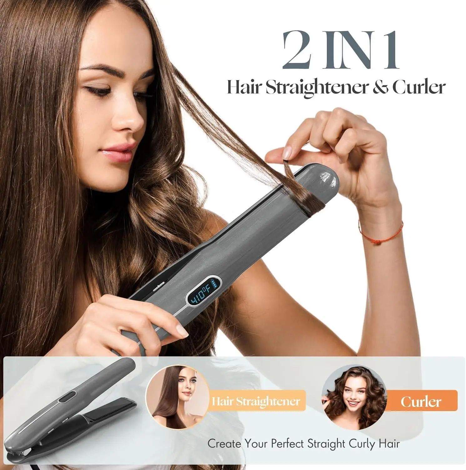 2-in-1 Cordless Hair Straightener and Curler Rechargeable 4800mAh Battery Mini Portable Flat Iron