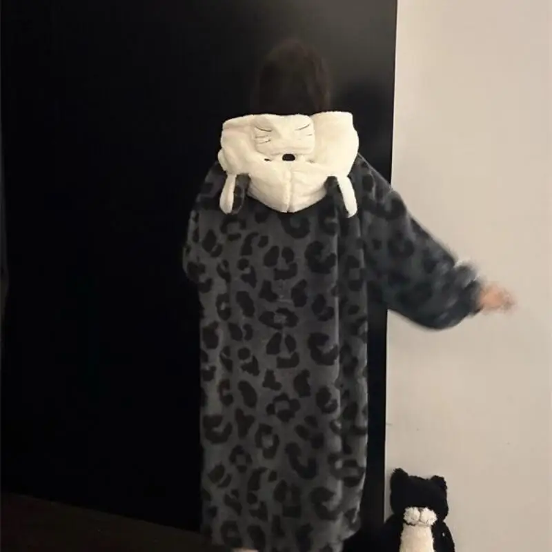 

Осенне-зимний кавайный халат для девочек, пижама с леопардовым принтом и щенком, домашняя одежда из кораллового флиса, утепленный халат на флисовой подкладке для ленивых