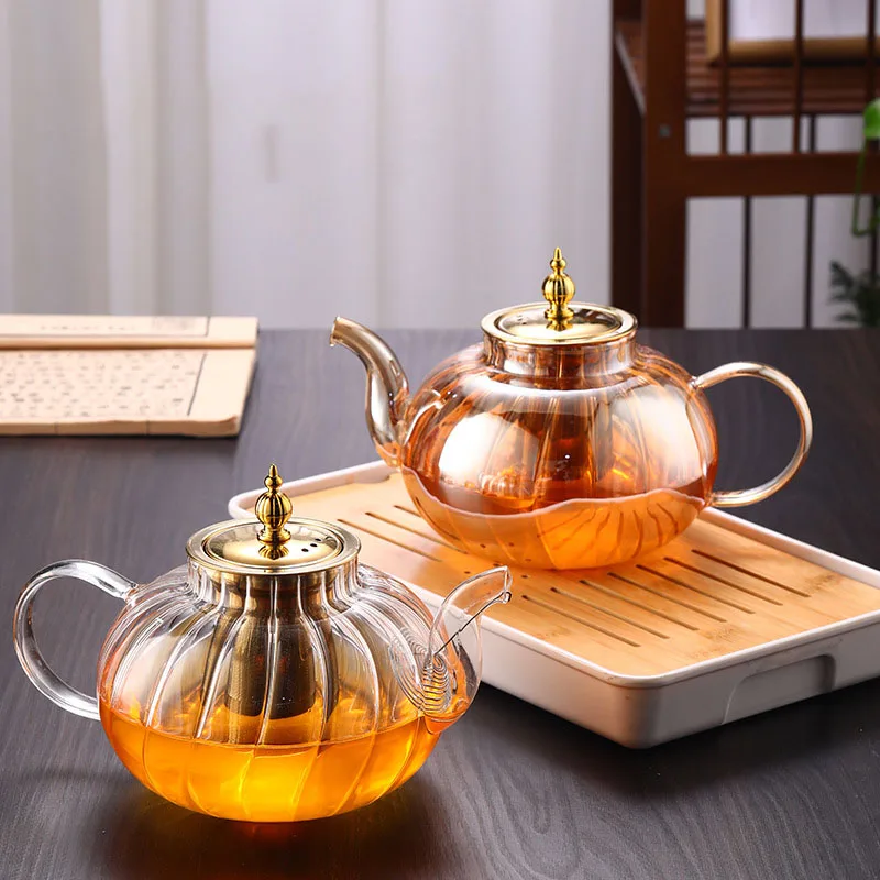 1250ML Glass Teapot Flower Tea Kettle Heat-Resistant Transparent Coffee Tea Pot with Filter Drinkware Glass Stripe Kungfu Teapot