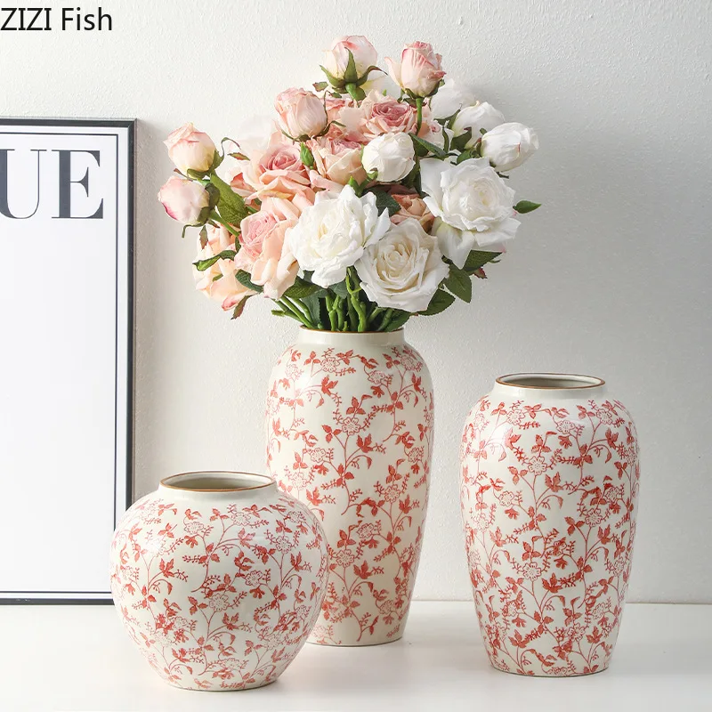 Red and White Porcelain Vase Elegant Classical Flowers Pot Desk Decoration Flower Arrangement Floral Vases Room Aesthetic Decor