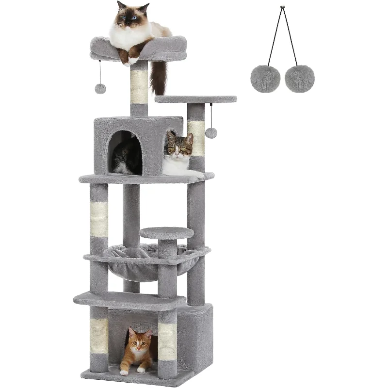 

Cat Tree, 53.5 Inches Tall Cat Tower with Spacious Hammocks, Condos and Scratching Posts, Cat House with Dual Padded Perches
