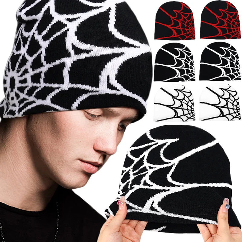 Y2K Gothic Spider Webs Jacquard Beanies for Unisex Autumn Winter Thermal Warm Elastic Knitted Skull Hats Hip Hop Streetwear Caps