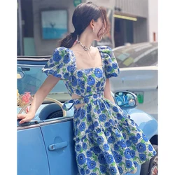 MEXZT Sweet Floral Dress Women Print Hollow Out Bandage Bow A Line Mini Dresses Korean Vintage Square Neck Puff Sleeve Vestidos