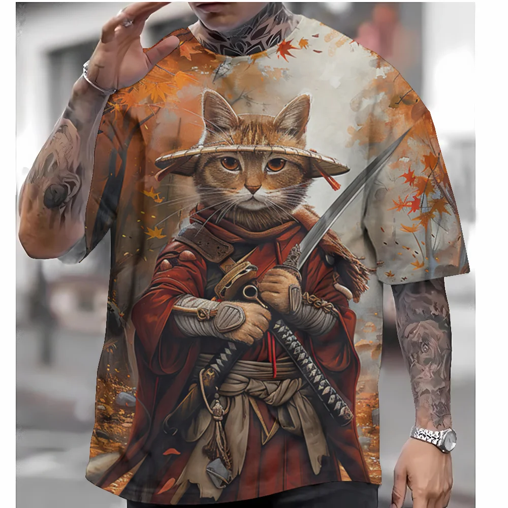 

Japanese Style T-Shirt For Men Autumn Warrior Cat Graphic T Shirts 3D Printed Short Sleeve T Shirts Oversized Men's Clothing Top