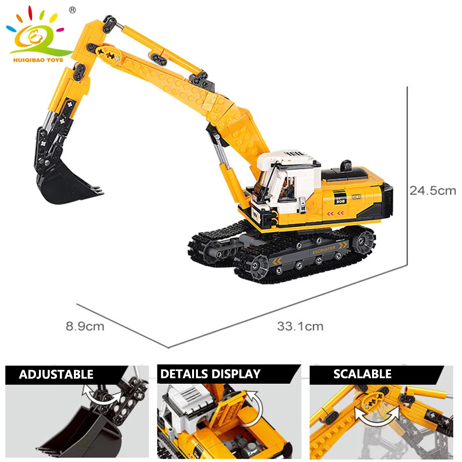 HUIQIBAO Engineering Truck Building Blocks Vehicle Excavator Bulldozer Crane Car Bricks City Construction Toys For Children Boys