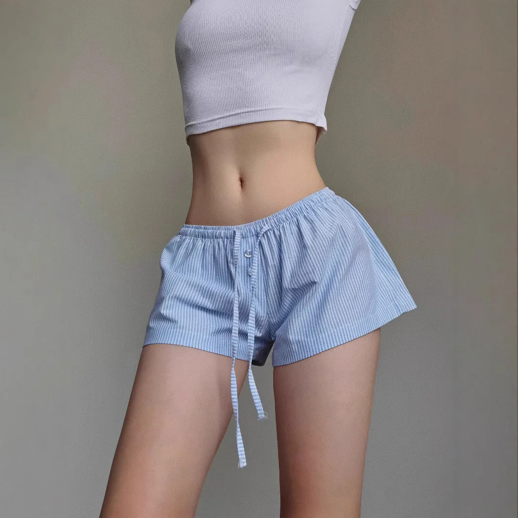 Low Waist Women's Stripe Shorts Casual Home Wear Tie Belt Loose Fit Summer Fashion Polyester Material Comfortable Pants