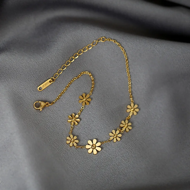 316L Stainless Steel New Fashion Upscale Jewelry Elegant Daisy 7 Flowers Charm Chain Bracelets Anklet Choker Necklaces For Women