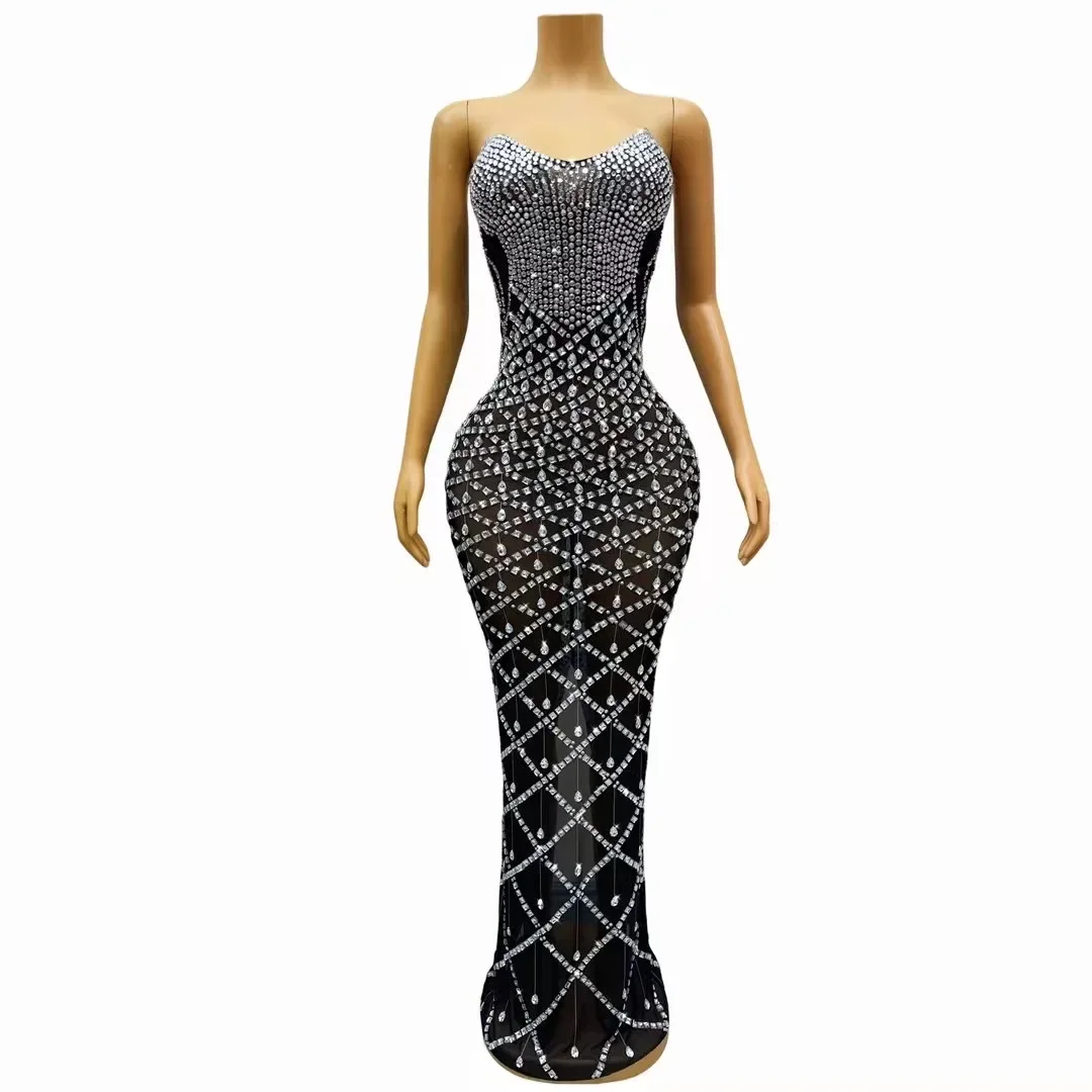 Sparkling Club Stage Performance Costume Evening Party Dresses Women Luxury Rhinestone Sexy Mesh Transparent Strapless Dress