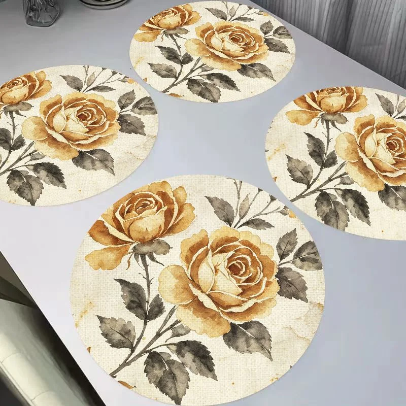 VIKAMA Fresh Watercolor Macaron Mandala Flower Round Linen Table Mat Insulation and Wear resistant Table Mat Desktop Decoration