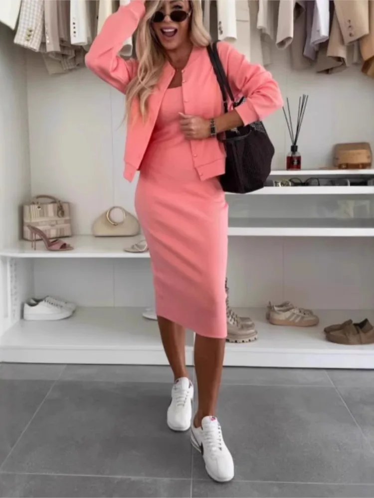 Summer Clean Fit Comfortable Casual Suspender Dress Set Fashion Cardigan Jacket Top Slim Long Skirt Two-piece Sets Women Suits