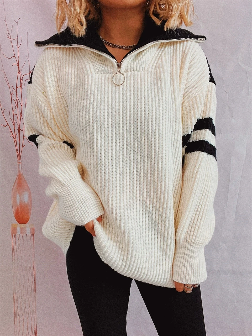 

Autumn and winter new loose casual elegant fashion zipper lapel arm striped knitted sweatshirt pullover sweater tops