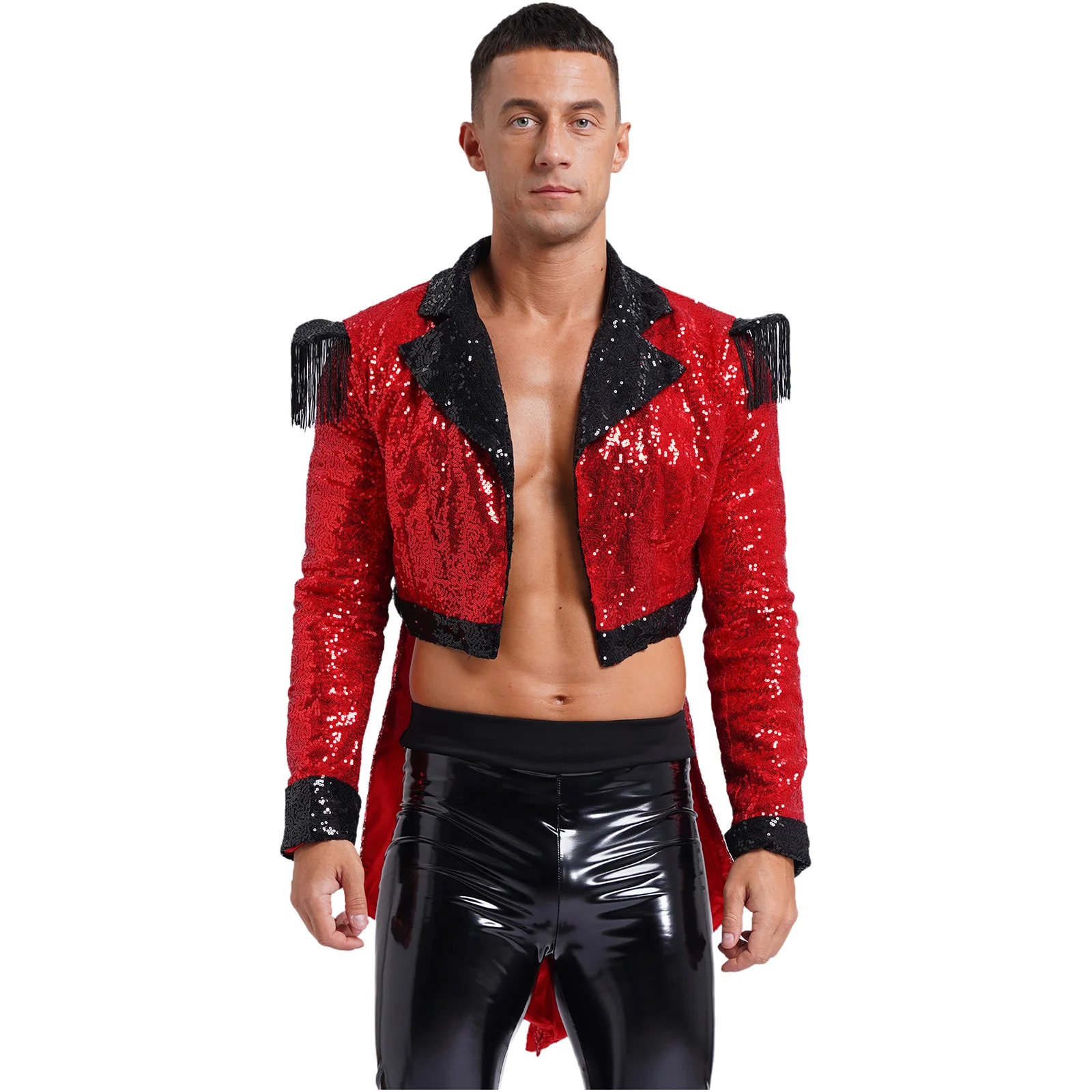 Giacca da uomo scintillante con paillettes Circus Ringmaster Tuxedo mago Costume Rave Party Halloween Showman cappotto Blazer con coda di rondine