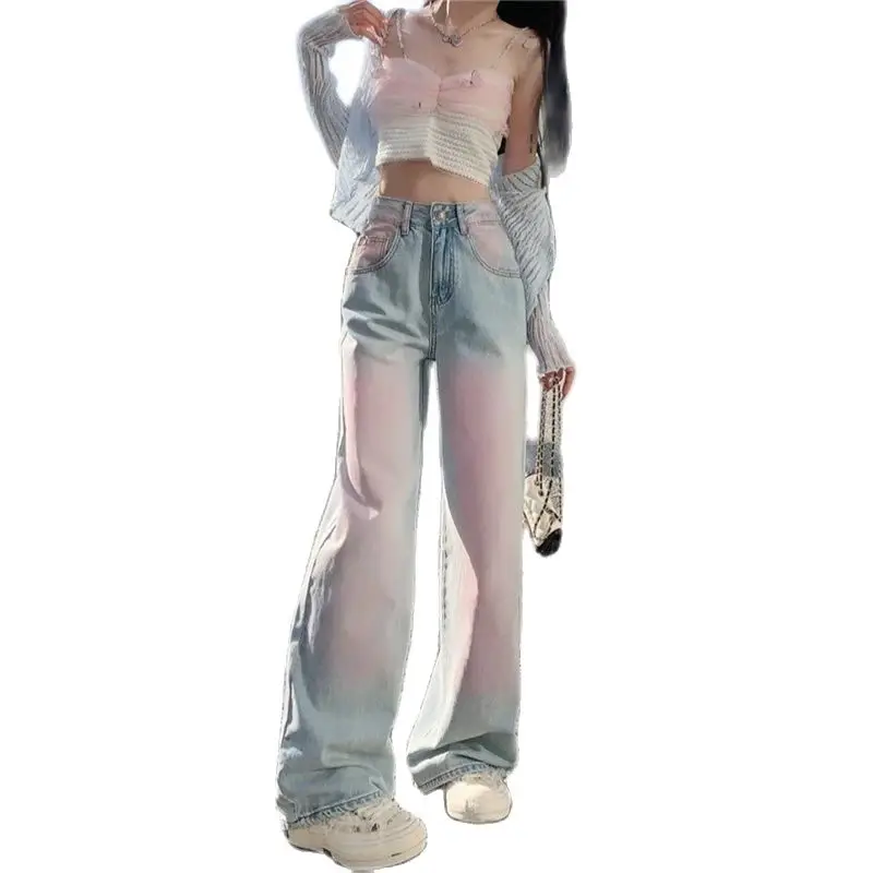 2024 Spring Summer New Pants Women High-Waisted Loose Leisure Tie-Dyed Jeans Fashion Wide-Leg Pants Baggy Jeans Pocket Female