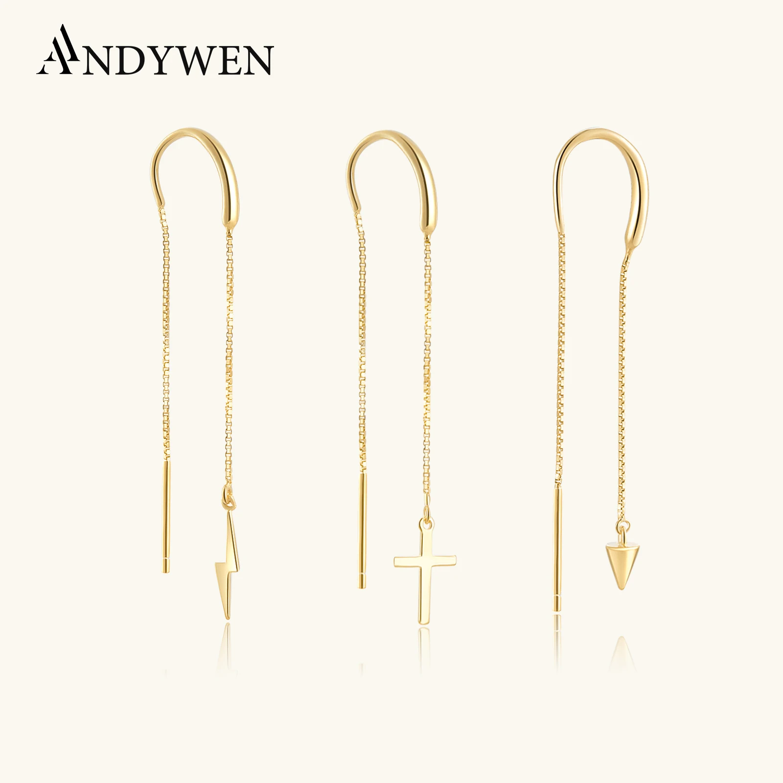 

ANDYWEN 925 Sterling Silver Gold Single Pendiente Largo Rayo Pincho Cruz Clips 1pcs Long Chain Earring Piercing Clips Jewelry