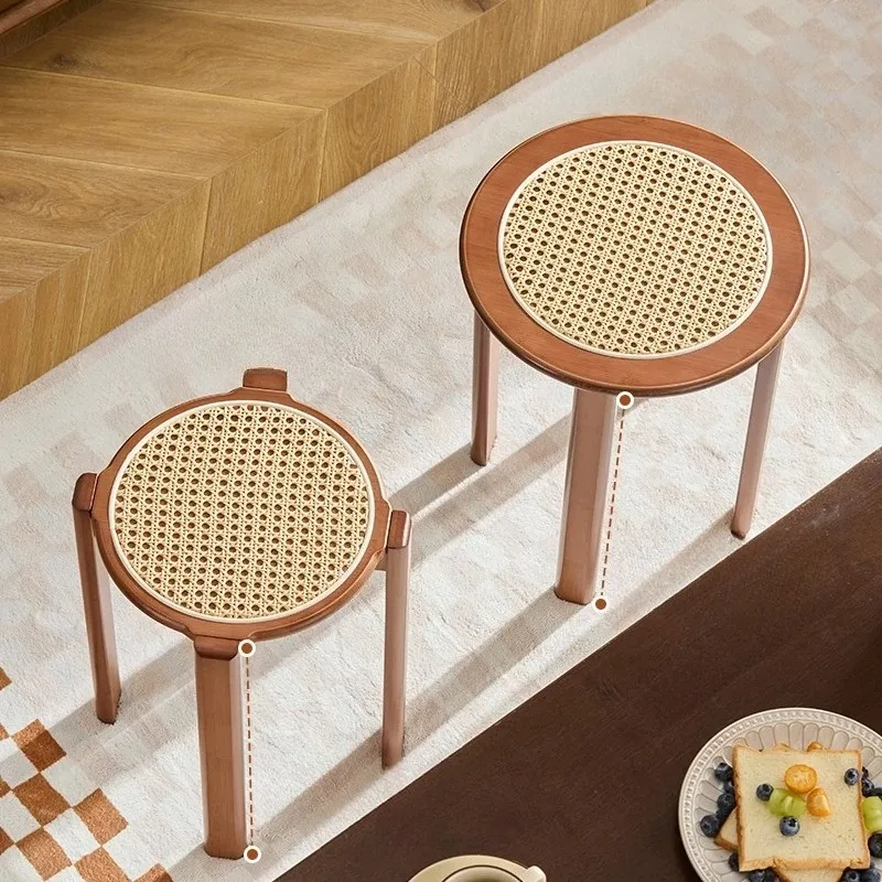Japanese Style round Woven Rattan Stool Stackable Lightweight Ottoman Dining Chair Guest Seat Home Tea Table Accessory